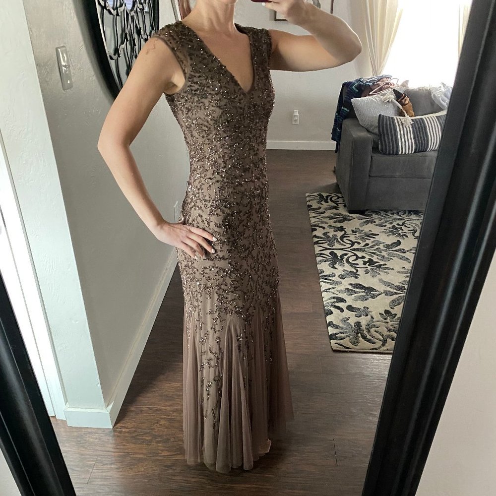 Aiden Mattox Cap-Sleeve Beaded Gown with Tulle Skirt, Mink